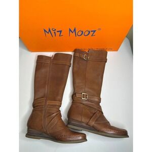 Miz Mooz Pauline Whiskey Brown Leather Tall Riding Wedge Boots Size 7